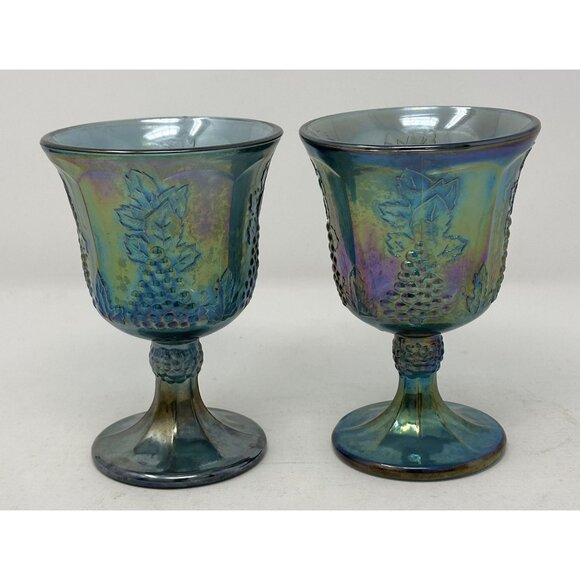 2 INDIANA GLASS CONTEMPORARY CARNIVAL HARVEST GRAPE Goblets Iridescent Blue 0176 - Picture 2 of 9
